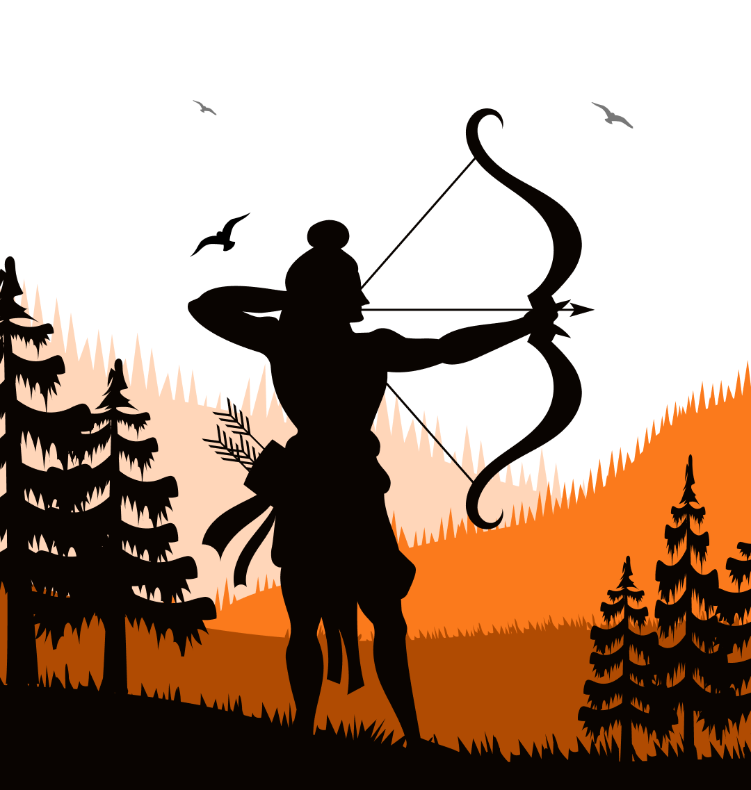 Silhouette of Shri Ram drawing his bow against the rising sun